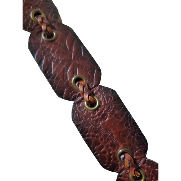 VTG Belt Braided Linked Leather Hippy Boho Hand Tooled Flowers Brass Buckle 37” - Picture 5 of 6